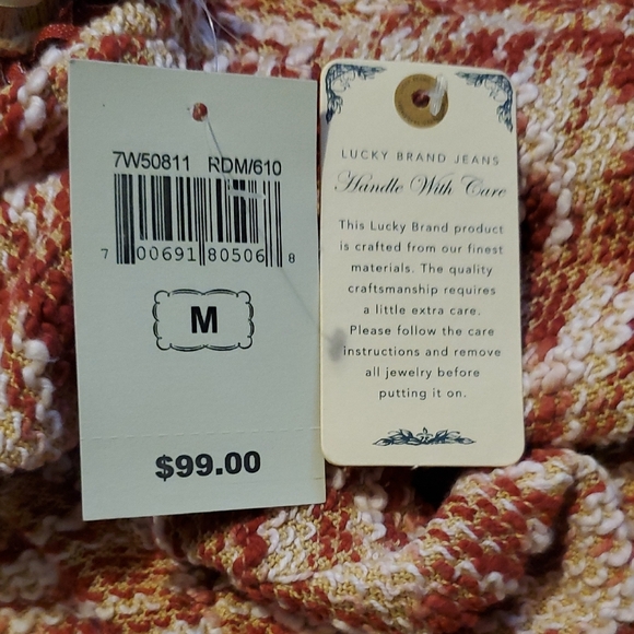 Lucky Brand Red and Cream Marled Pattern Fringe Trim Open Front Cropped Cardigan - Picture 8 of 10